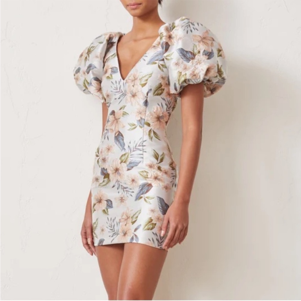 BEC + BRIDGE Blue & Pink Textured Floral Jacquard Plunging V Poofy Sleeve Dress - Picture 14 of 16